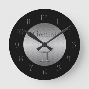 Gemini Zodiac-Faux Brushed Silver/Black Rund Klocka