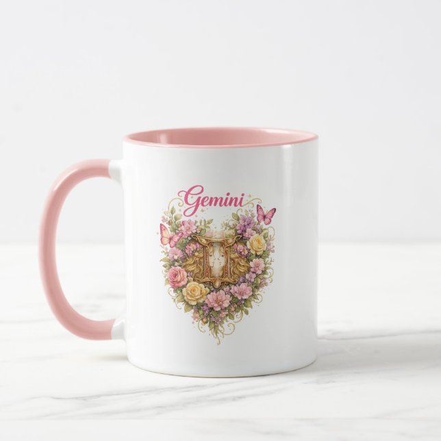 Gemini Zodiac Floral Heart Mug – Feminine Astrolog Mugg (Vänster)
