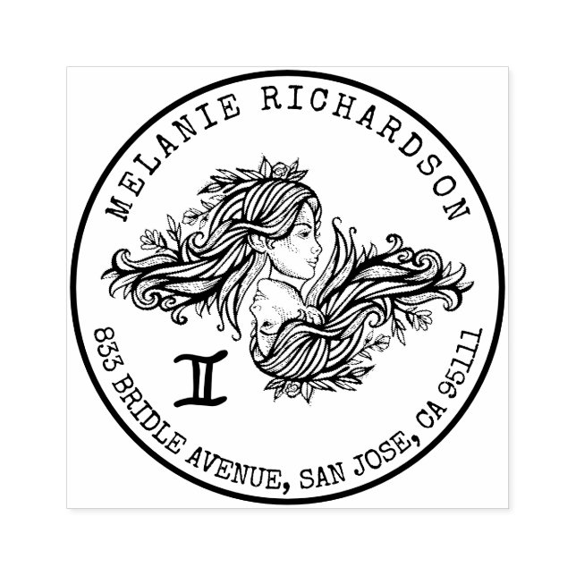 Gemini Zodiac Hand-dragen Vapensköld | RETURADRESS Stämpel (Tryck)