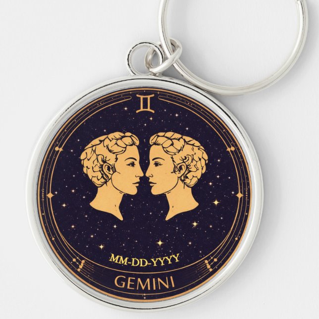 Gemini Zodiac Keychain with Birth Date Rund Silverfärgad Nyckelring (Framsidan)