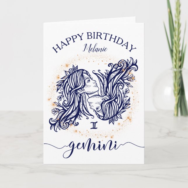 Gemini Zodiac Navy & Guld monokrome Birthday Card Kort (Framsida)