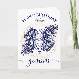 Gemini Zodiac Navy & Guld monokrome Birthday Card Kort