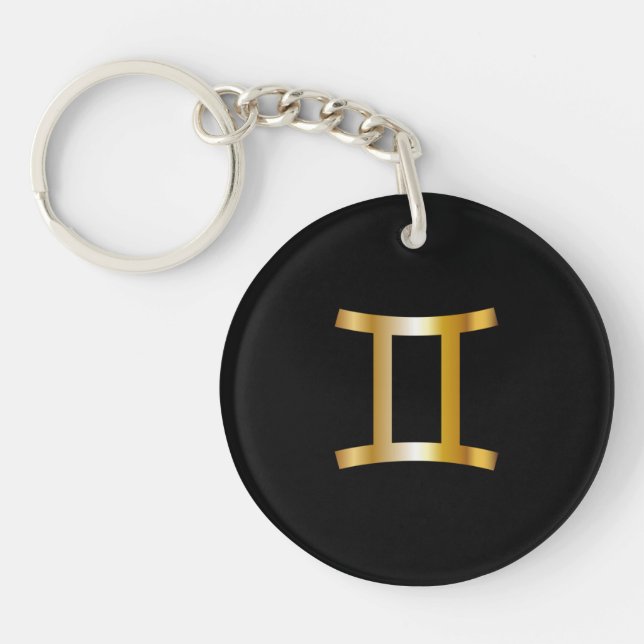 Gemini Zodiac Sign, Black & Guld Keychain (Framsidan)