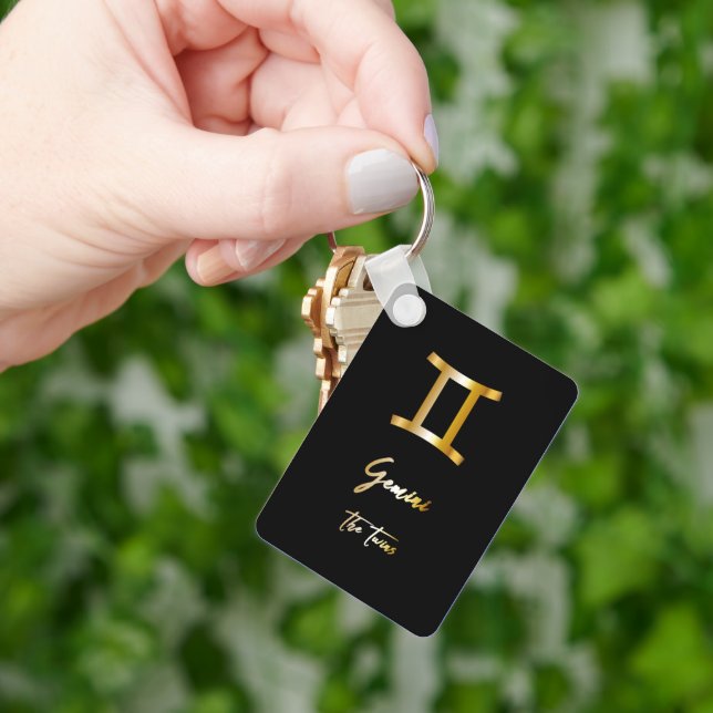 Gemini Zodiac Sign, Black & Guld Keychain Nyckelring (Hand)