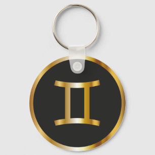 Gemini Zodiac Sign, Black & Guld Keychain Nyckelring