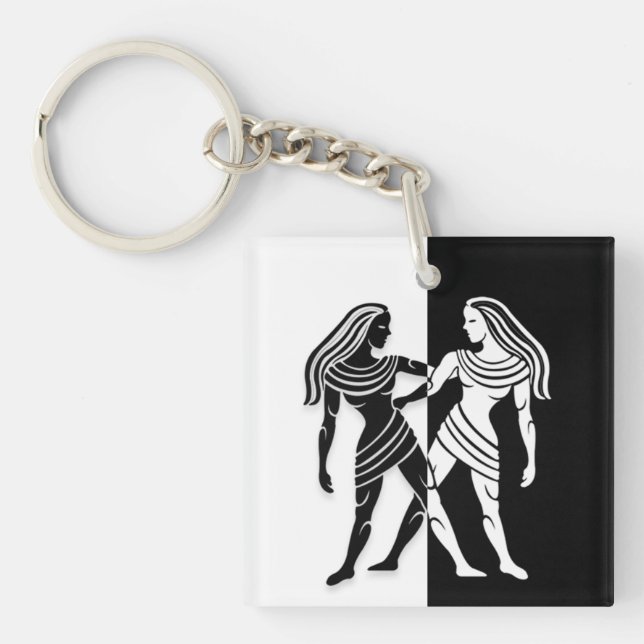 Gemini Zodiac Sign, Black & White Keychain (Framsidan)