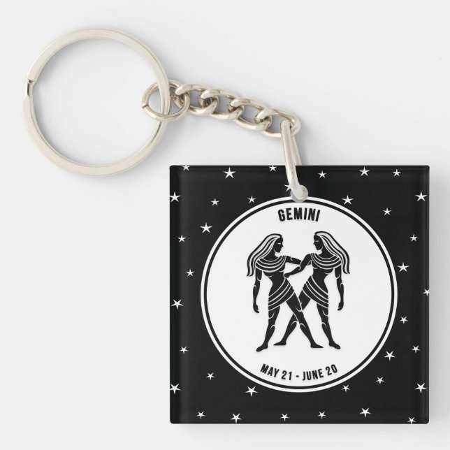 Gemini Zodiac Sign, Black & White Keychain (Framsidan)