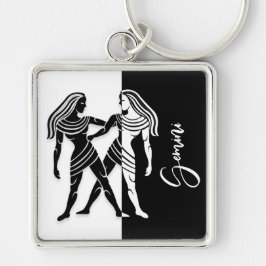 Gemini Zodiac Sign, Black & White Keychain Fyrkantig Silverfärgad Nyckelring