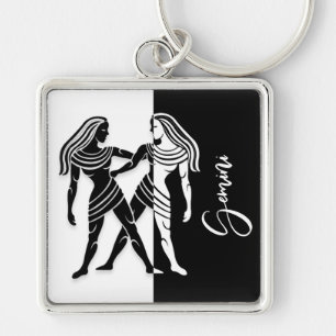 Gemini Zodiac Sign, Black & White Keychain Fyrkantig Silverfärgad Nyckelring
