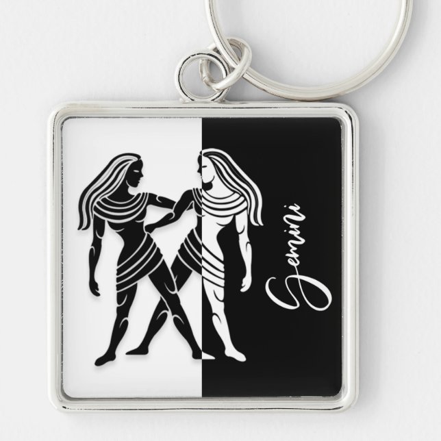 Gemini Zodiac Sign, Black & White Keychain Fyrkantig Silverfärgad Nyckelring (Framsidan)