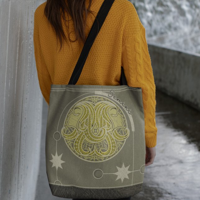 Gemini Zodiac Sign Gult White Grått Mandala Tygkasse (Skapare uppladdad)