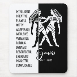 Gemini Zodiac Sign Mousepad, Black & White Musmatta