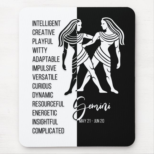Gemini Zodiac Sign Mousepad, Black & White Musmatta (Framsidan)