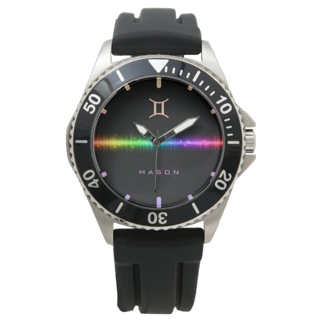 Gemini Zodiac Sign Rainbow Pride Flagga Line Namn Armbandsur (Framsida)