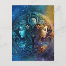 Gemini Zodiac Sign Watercolor Design Vykort