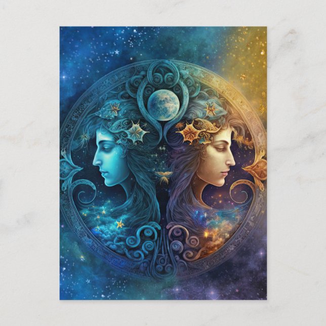 Gemini Zodiac Sign Watercolor Design Vykort (Framsida)
