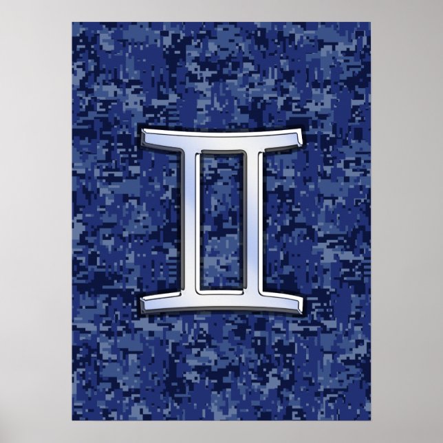 Gemini Zodiac Symbol Blue Digital Camouflage Poster (Framsidan)