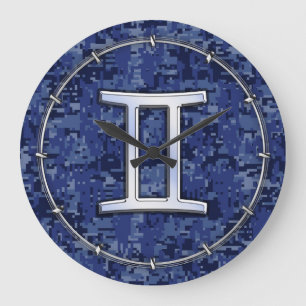 Gemini Zodiac Symbol Blue Digital Camouflage Stor Klocka