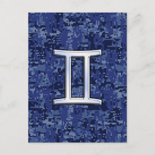 Gemini Zodiac Symbol Blue Digital Camouflage Vykort