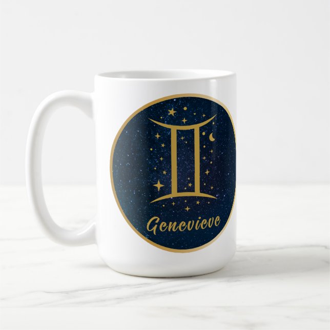 Gemini zodiac symbol guld blå stjärnor personlig kaffemugg (Vänster)