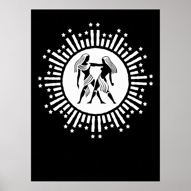 Gemini Zodiac Symbol med Stars Black and White Poster (Framsidan)