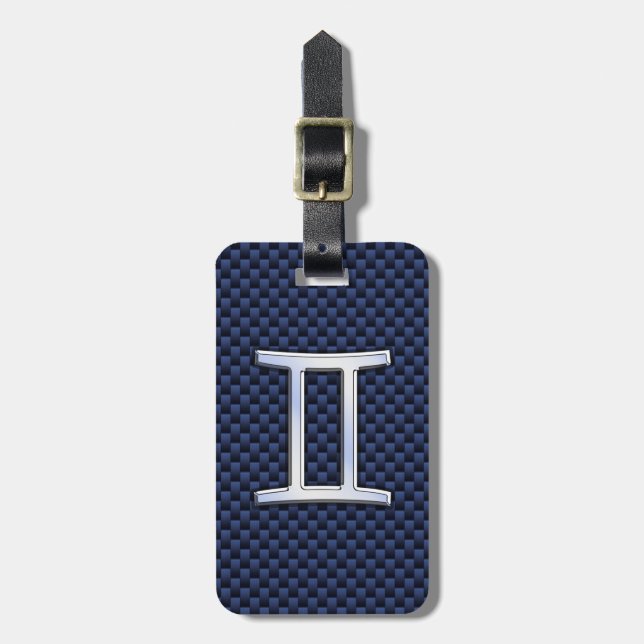 Gemini Zodiac Symbol Navy Blue Carbon Fiber Stil Bagagebricka (Vertikal Framsida)