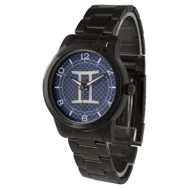 Gemini Zodiac Symbol Navy Blue Carbon Stil Dial Armbandsur (Vinklad)