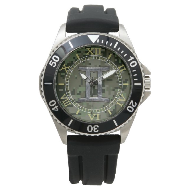 Gemini Zodiac Symbol på Grönt Camouflage Dial Armbandsur (Framsida)