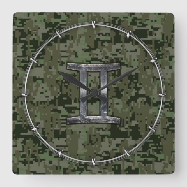 Gemini Zodiac Symbol på Grönt Digital Camouflage Fyrkantig Klocka (Framsida)