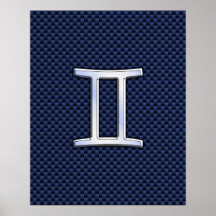 Gemini Zodiac-tecken på Blue Carbon Fiber Stil Poster