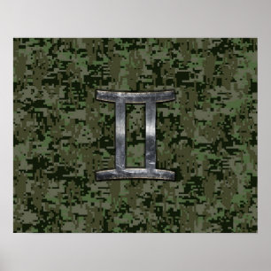 Gemini Zodiac-tecken på Grönt Digital Camo Poster