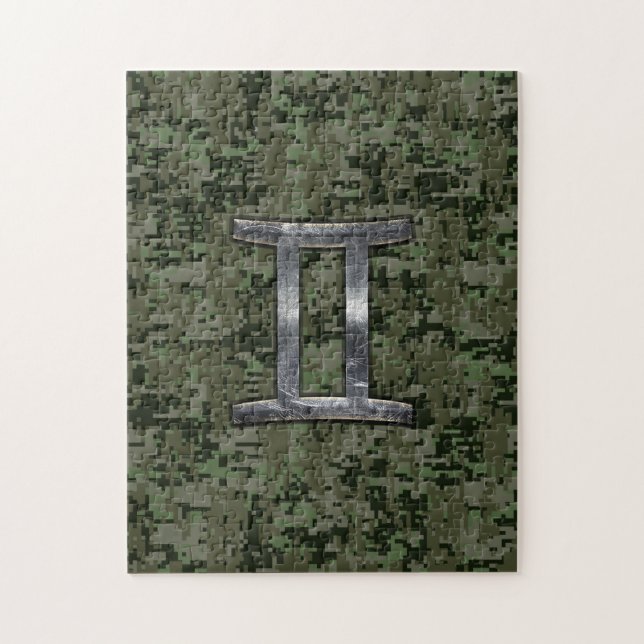 Gemini Zodiac-tecken på Grönt Digital Camo Pussel (Vertikal)