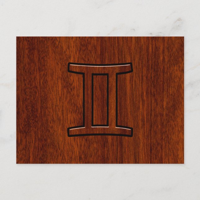 Gemini Zodiac-tecken på Mahogany Wood Stil Vykort (Framsida)