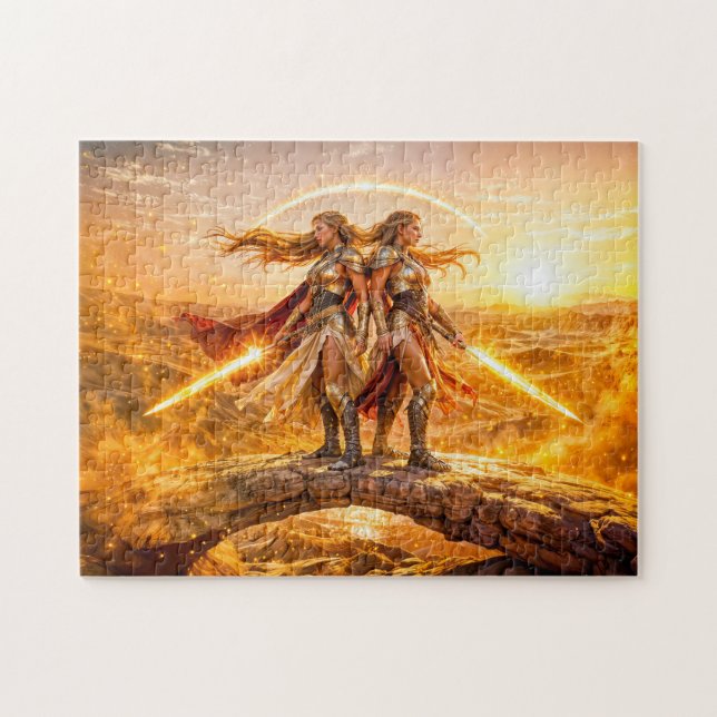 Gemini Zodiac with Twin Warrior Women and Glowing  Pussel (Horisontell)