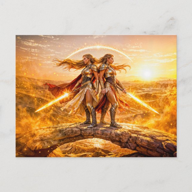 Gemini Zodiac with Twin Warrior Women and Glowing  Vykort (Framsida)