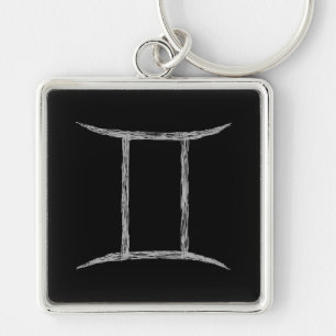 Gemini. Zodiacastrologi undertecknar. Black. Fyrkantig Silverfärgad Nyckelring