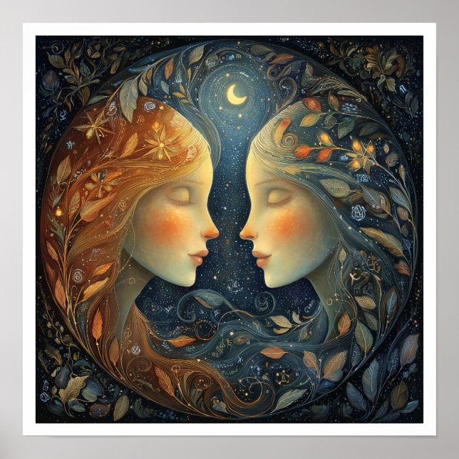 Gemini Zodiak Stjärntecken Astrologi Celestial Poster (Framsidan)