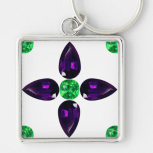 Gemstone Art, Grönt och Lila Keychain Fyrkantig Silverfärgad Nyckelring