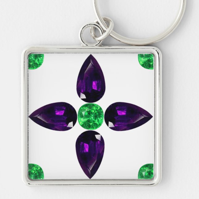 Gemstone Art, Grönt och Lila Keychain Fyrkantig Silverfärgad Nyckelring (Framsidan)