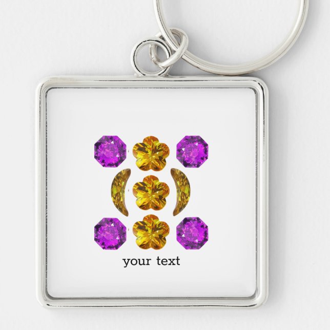 Gemstone Art Lila Orange Fyrkantig Silverfärgad Nyckelring (Framsidan)