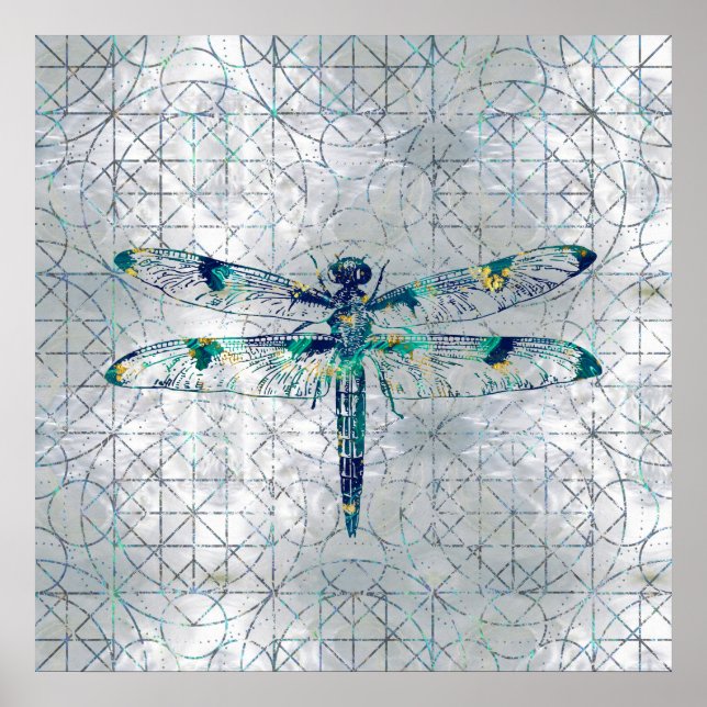 Gemstone Dragonfly på helig geometry mönster Poster (Framsidan)