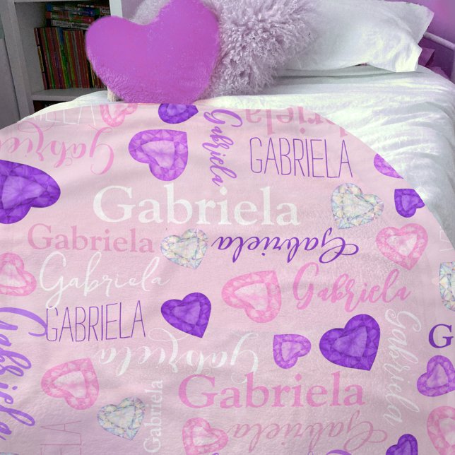 Gemstones hearts custom name pastel pink purple fleecefilt (Skapare uppladdad)