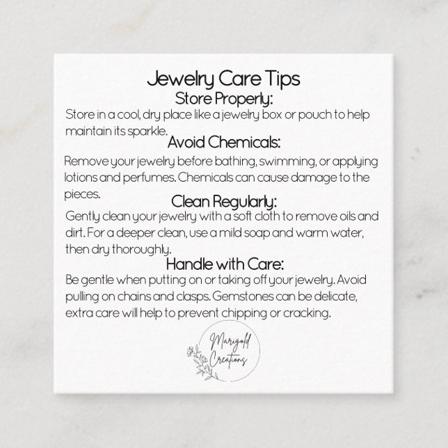 Gemstones judielry Care Tips Fyrkantigt Visitkort (Framsida)