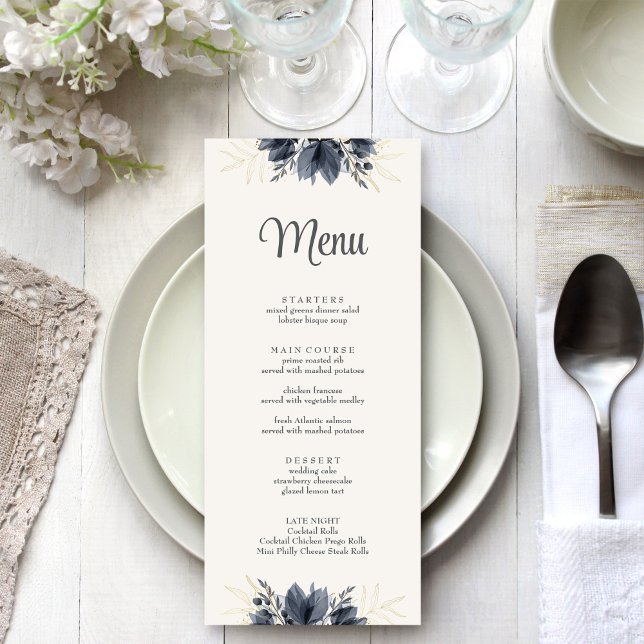 Genare Mörk Flowers Bröllop-menykort Meny (Gentle Dark Flowers Wedding Menu Card on a white and silver wedding dinner table.)
