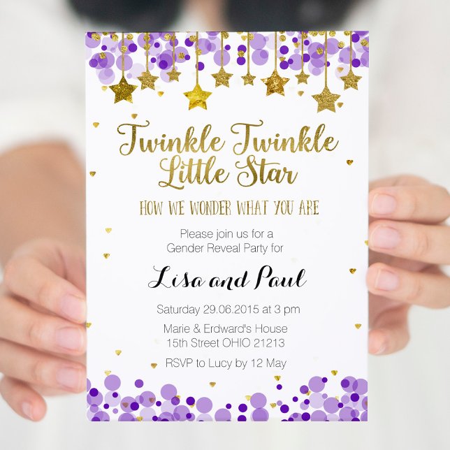 gender av Twinkle twinkle med lila Guld Star Inbjudningar (Skapare uppladdad)