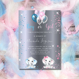 Gender avslöjar babydusch elefant silver glitter inbjudan vykort