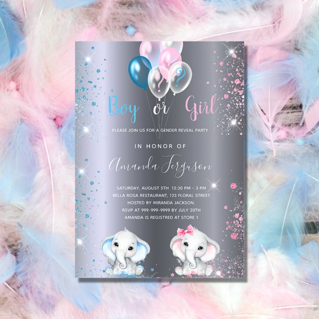 Gender avslöjar babydusch elefant silver glitter inbjudan vykort (Skapare uppladdad)
