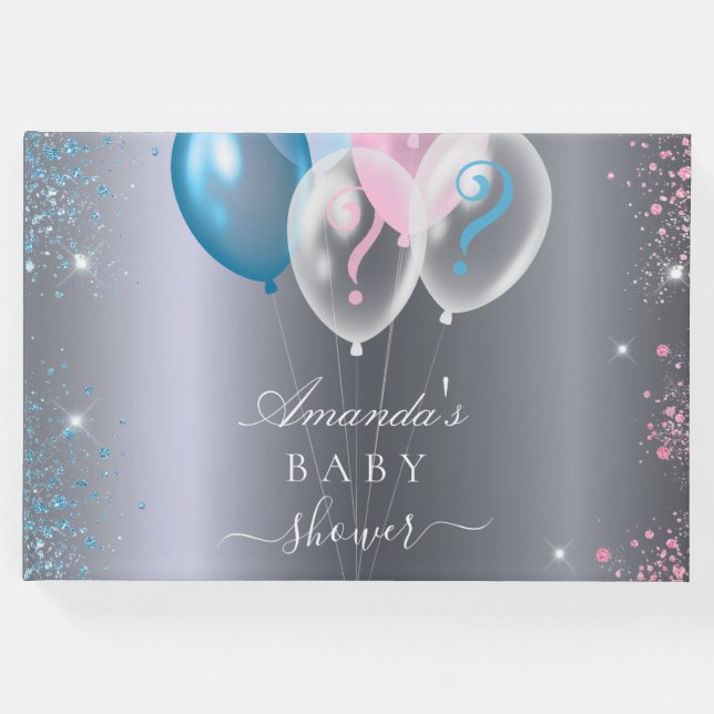 Gender avslöjar babydusch party silver blå rosa gästböcker (Framsida)
