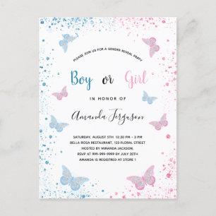 Gender avslöjar babyduschsmörblommor blå rosa inbjudan vykort