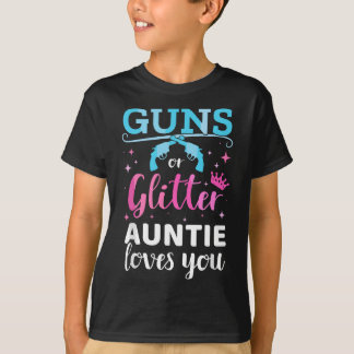 Gender avslöjar gevär eller glitter som matchar ba t shirt